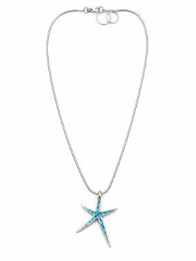 Sterling Silver Starfish Pendant Necklace with Blue Opal Inlay